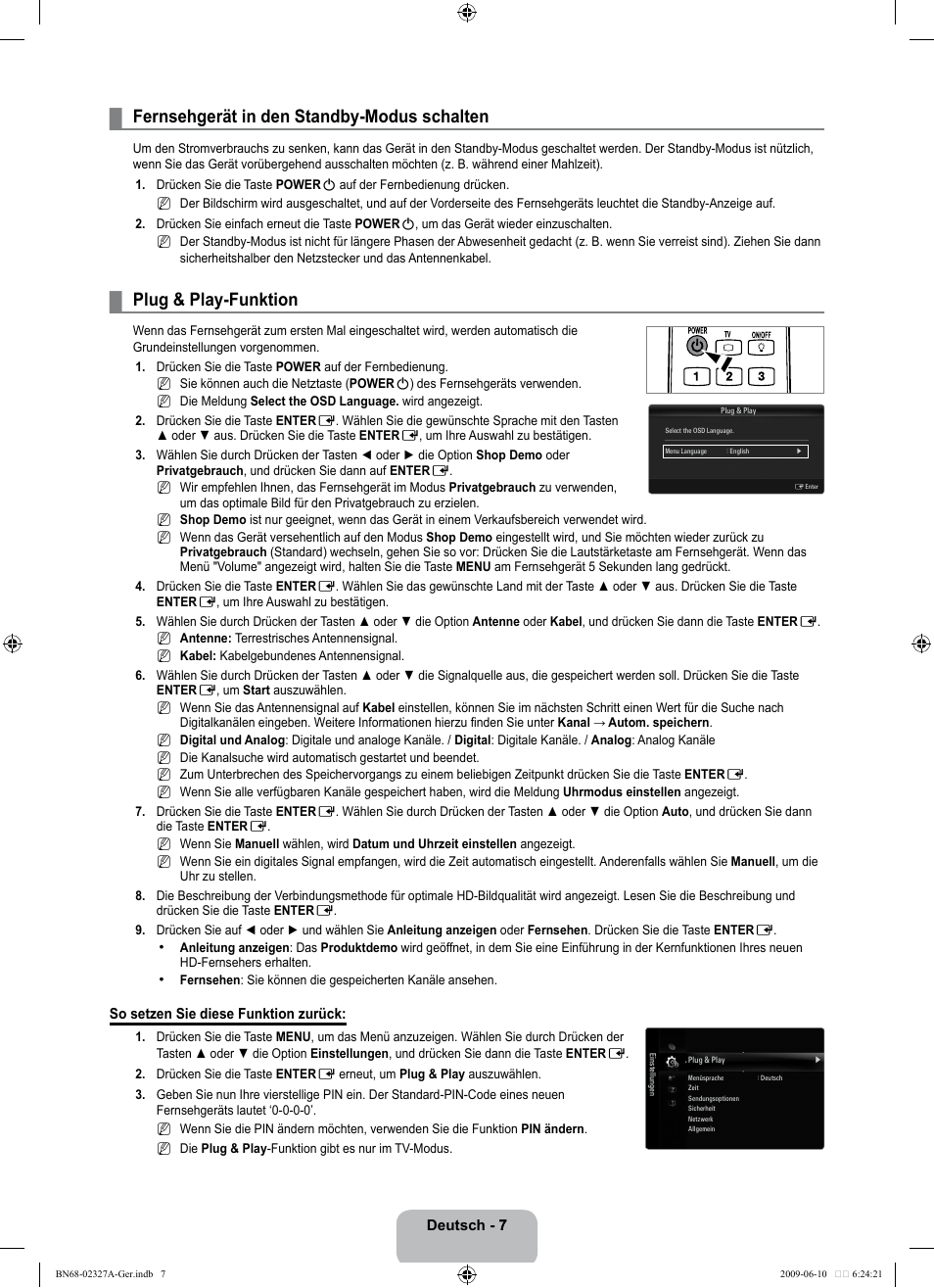 Fernsehgerät in den standby-modus schalten, Plug & play-funktion | Samsung LE40B750U1P User Manual | Page 93 / 302