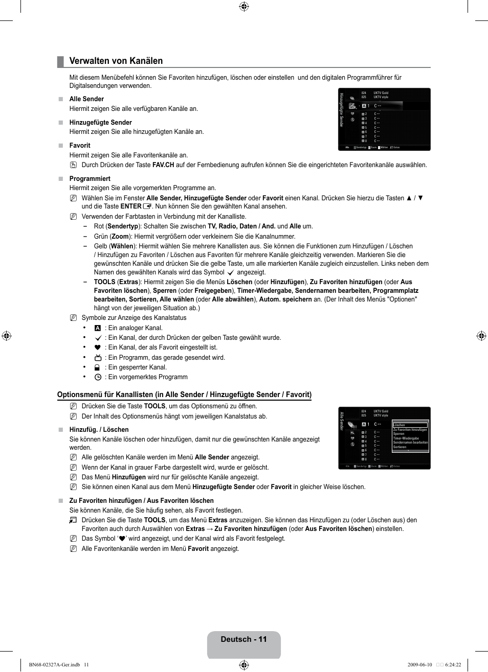 Verwalten von kanälen, Deutsch - 11 11 | Samsung LE40B750U1P User Manual | Page 97 / 302