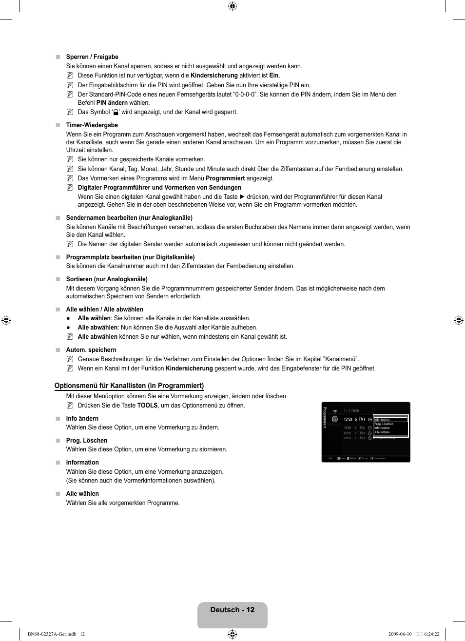 Deutsch - 12 12, Optionsmenü für kanallisten (in programmiert) | Samsung LE40B750U1P User Manual | Page 98 / 302
