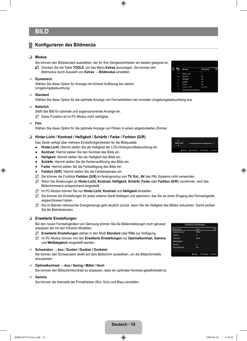 Bild, Konfigurieren des bildmenüs, Deutsch - 13 13 | Modus, Erweiterte einstellungen | Samsung LE40B750U1P User Manual | Page 99 / 302