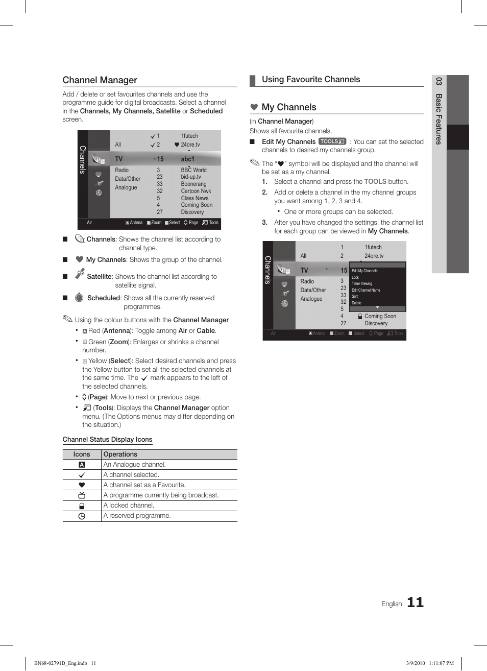 Channel manager, My channels, Using ¦ favourite channels | Samsung LE46C579J1S User Manual | Page 11 / 198