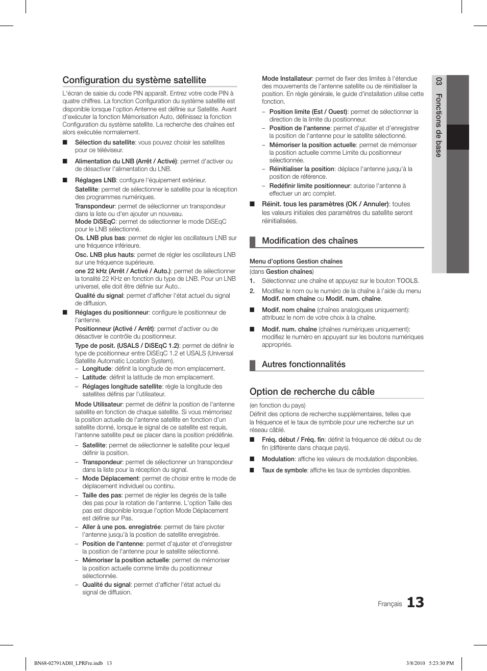 Configuration du système satellite, Option de recherche du câble, Modification des chaînes | Autres fonctionnalités | Samsung LE46C579J1S User Manual | Page 111 / 198
