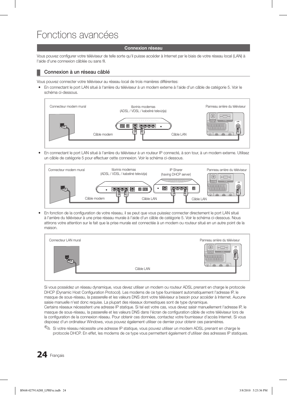 Fonctions avancées, Connexion à un réseau câblé | Samsung LE46C579J1S User Manual | Page 122 / 198