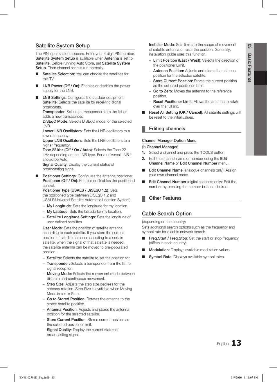 Satellite system setup, Cable search option, Editing channels | Other features | Samsung LE46C579J1S User Manual | Page 13 / 198
