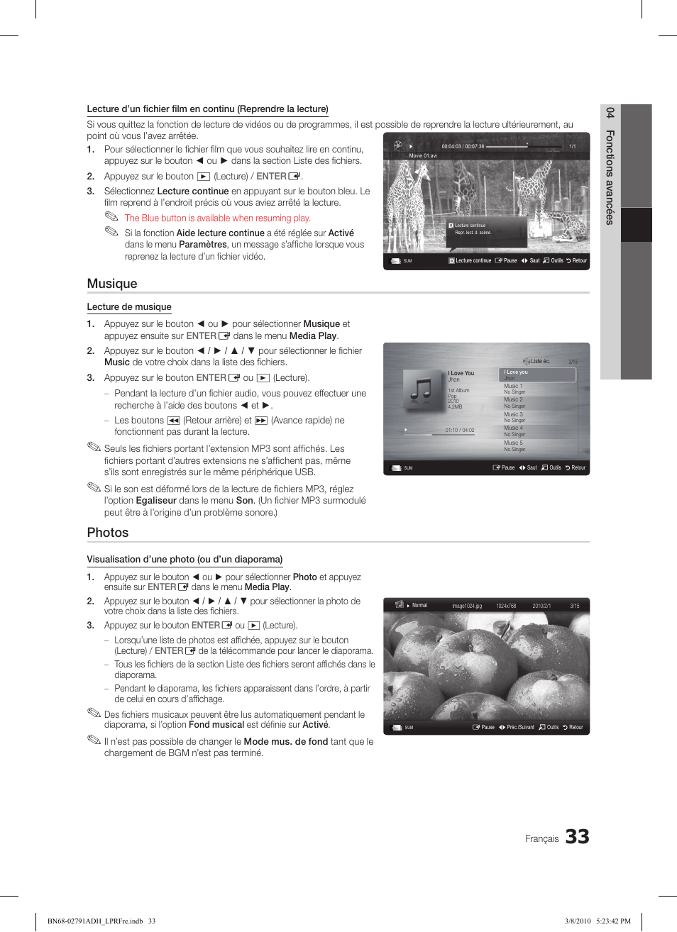 Musique, Photos | Samsung LE46C579J1S User Manual | Page 131 / 198
