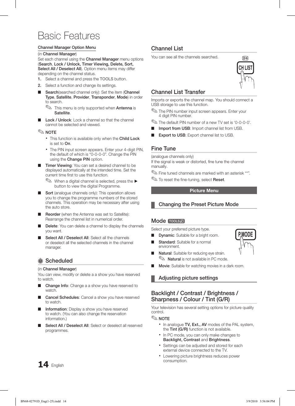 Basic features, Subt. dual i-ii p.mode s.mode source, Hdmi | Samsung LE46C579J1S User Manual | Page 14 / 198