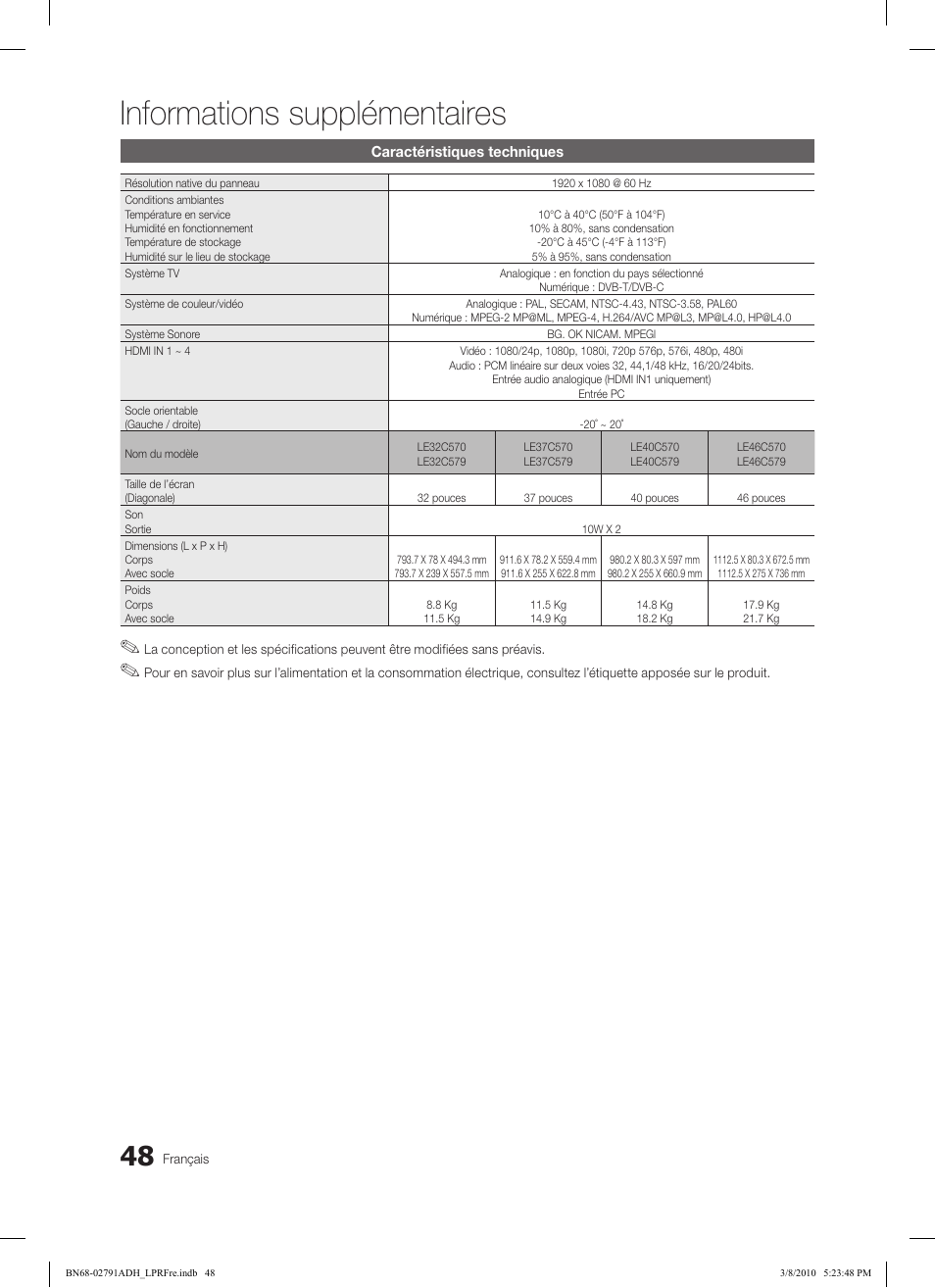 Informations supplémentaires | Samsung LE46C579J1S User Manual | Page 146 / 198