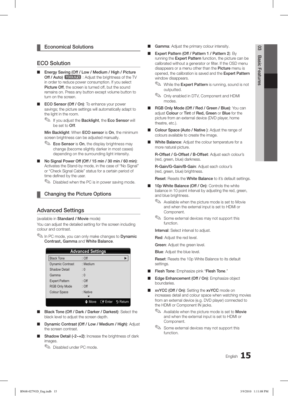 Eco solution, Advanced settings | Samsung LE46C579J1S User Manual | Page 15 / 198