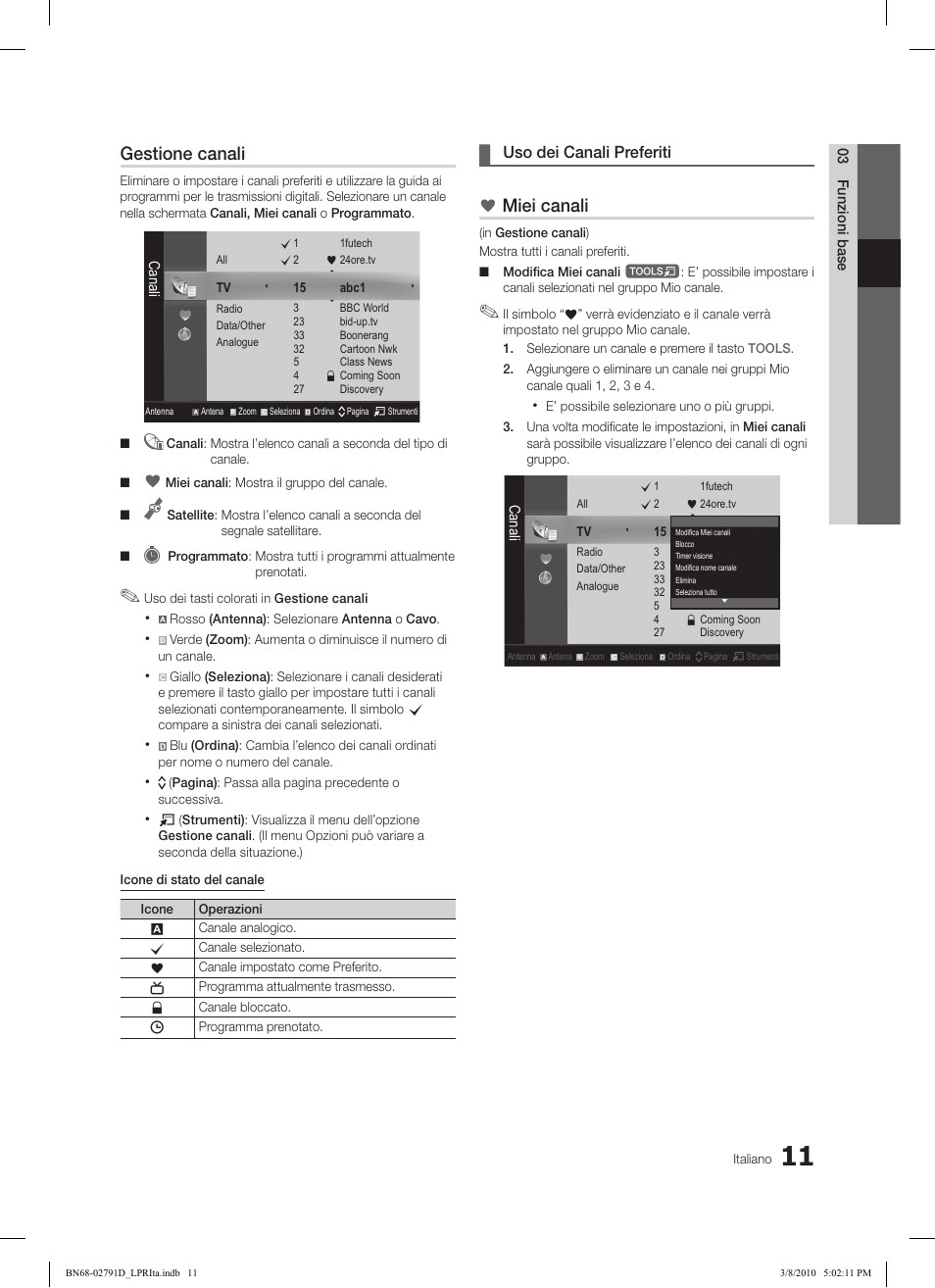 Gestione canali, Miei canali, Uso dei canali preferiti | Samsung LE46C579J1S User Manual | Page 158 / 198
