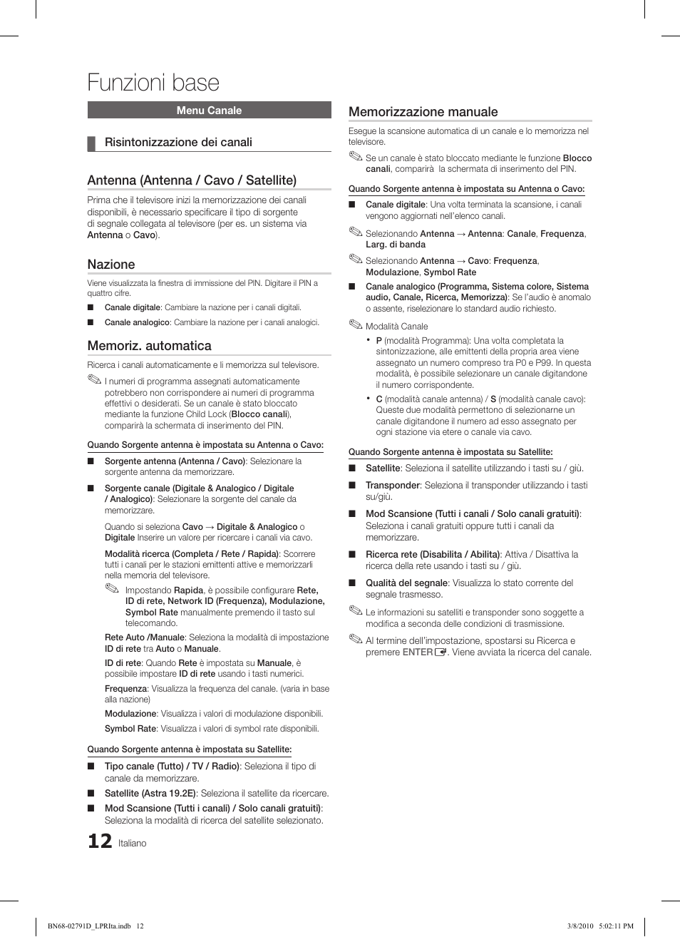 Funzioni base, Antenna (antenna / cavo / satellite), Nazione | Samsung LE46C579J1S User Manual | Page 159 / 198