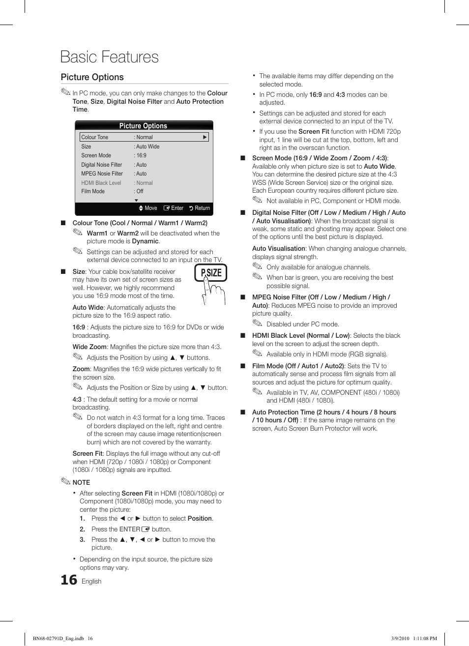 Basic features, Subt. dual i-ii p.mode s.mode source, Hdmi | Samsung LE46C579J1S User Manual | Page 16 / 198