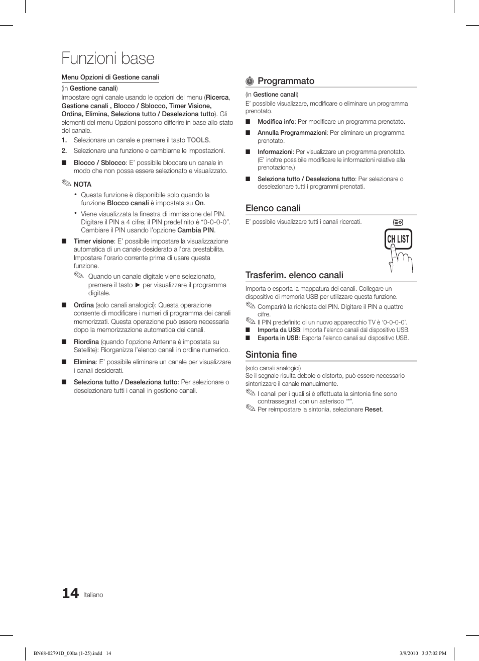 Funzioni base, Programmato, Elenco canali | Trasferim. elenco canali, Sintonia fine | Samsung LE46C579J1S User Manual | Page 161 / 198