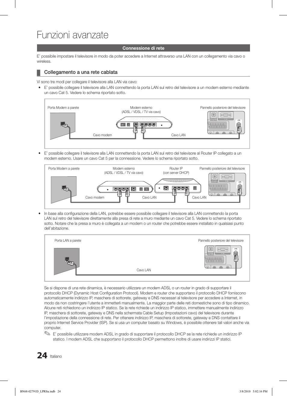 Funzioni avanzate, Collegamento a una rete cablata | Samsung LE46C579J1S User Manual | Page 171 / 198