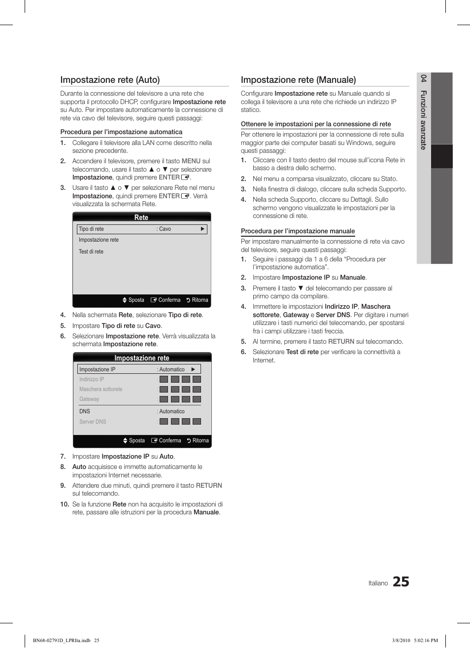 Impostazione rete (auto), Impostazione rete (manuale) | Samsung LE46C579J1S User Manual | Page 172 / 198