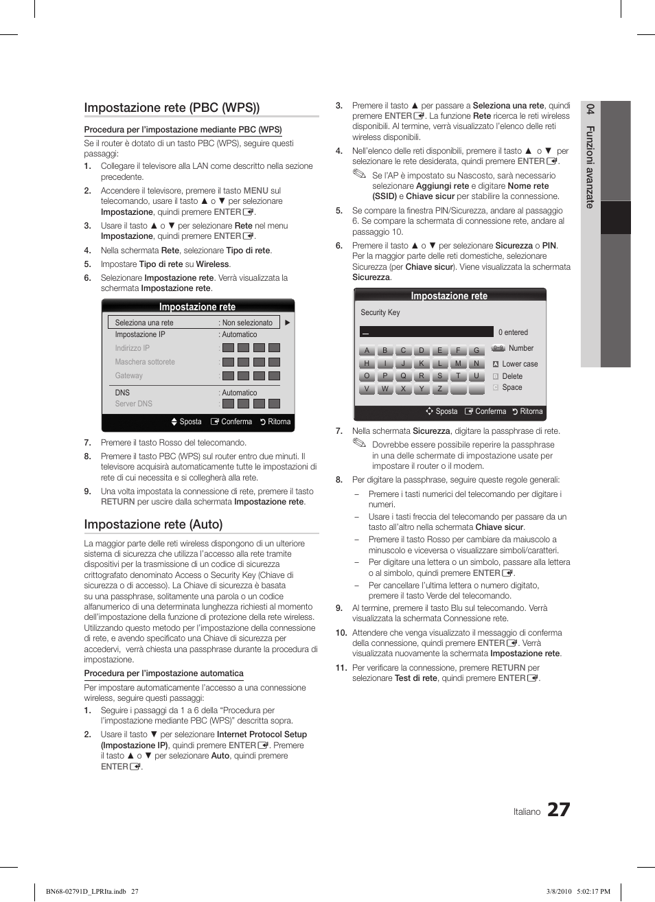 Impostazione rete (pbc (wps)), Impostazione rete (auto) | Samsung LE46C579J1S User Manual | Page 174 / 198