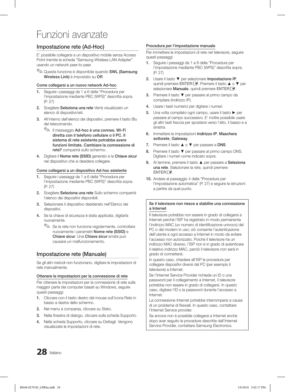Funzioni avanzate, Impostazione rete (ad-hoc), Impostazione rete (manuale) | Samsung LE46C579J1S User Manual | Page 175 / 198