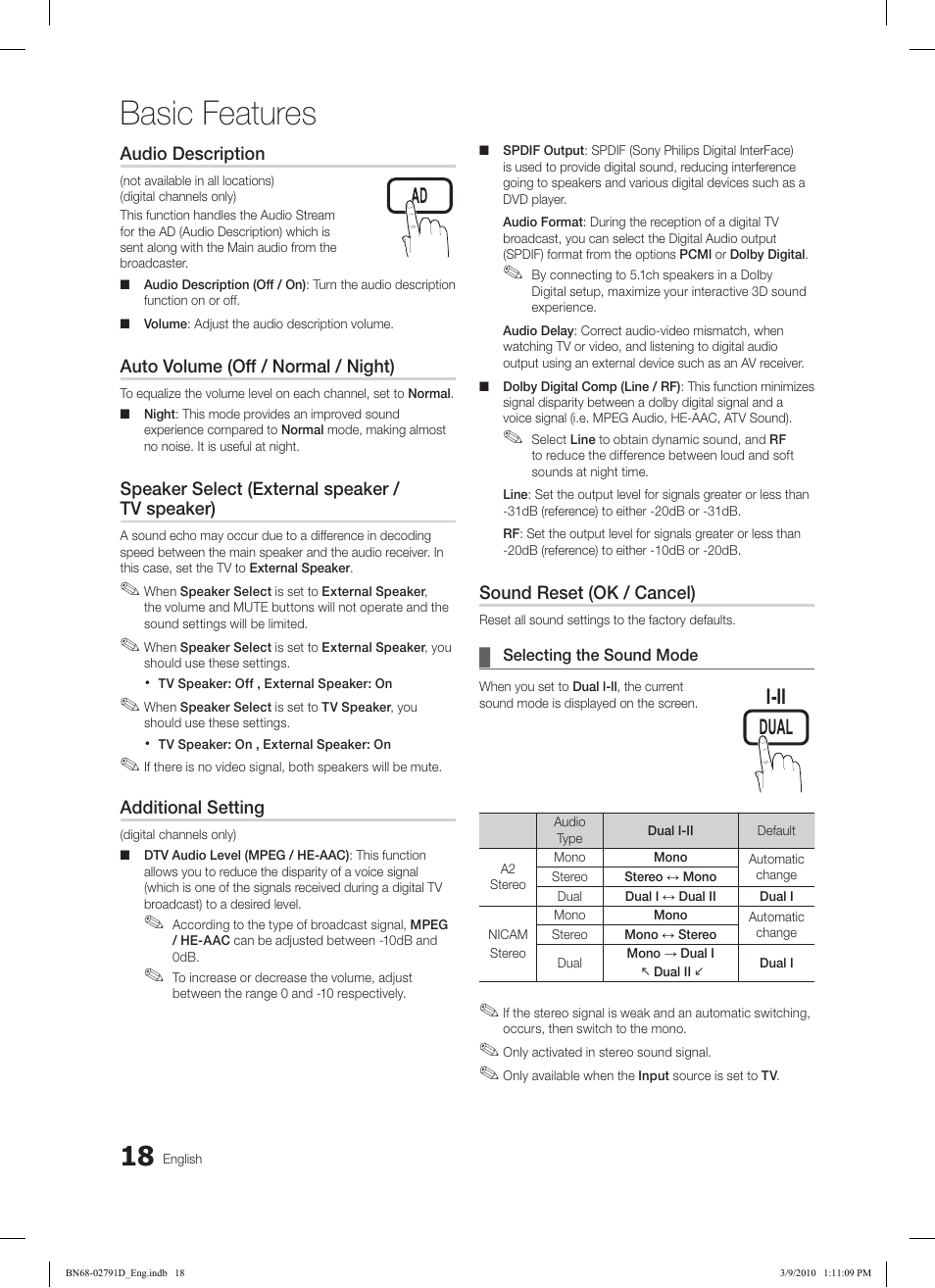 Basic features, Subt. dual i-ii p.mode s.mode source, Hdmi | Samsung LE46C579J1S User Manual | Page 18 / 198