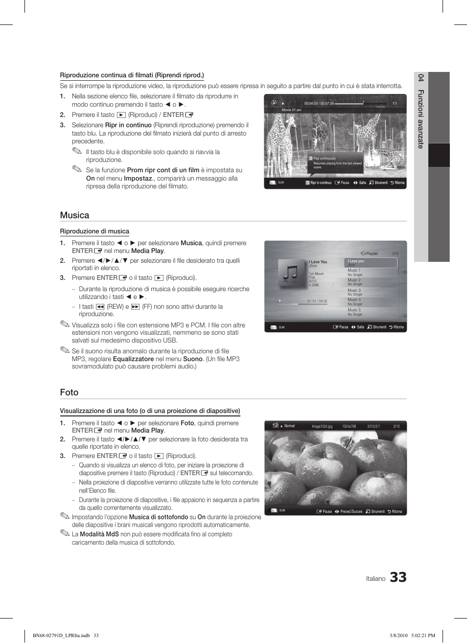 Musica, Foto | Samsung LE46C579J1S User Manual | Page 180 / 198
