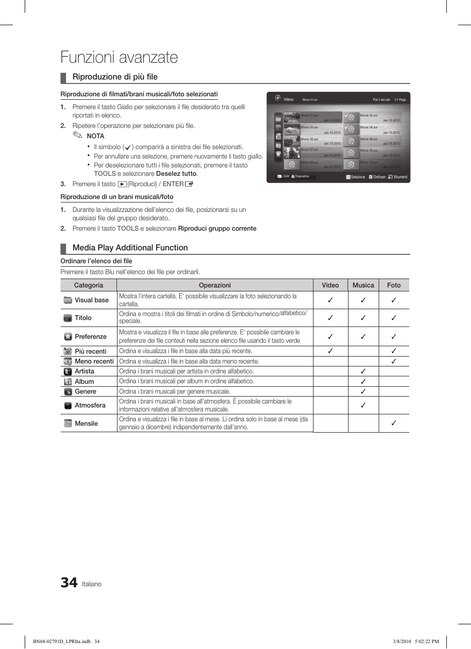 Funzioni avanzate, Riproduzione di più file, Media play additional function | Samsung LE46C579J1S User Manual | Page 181 / 198