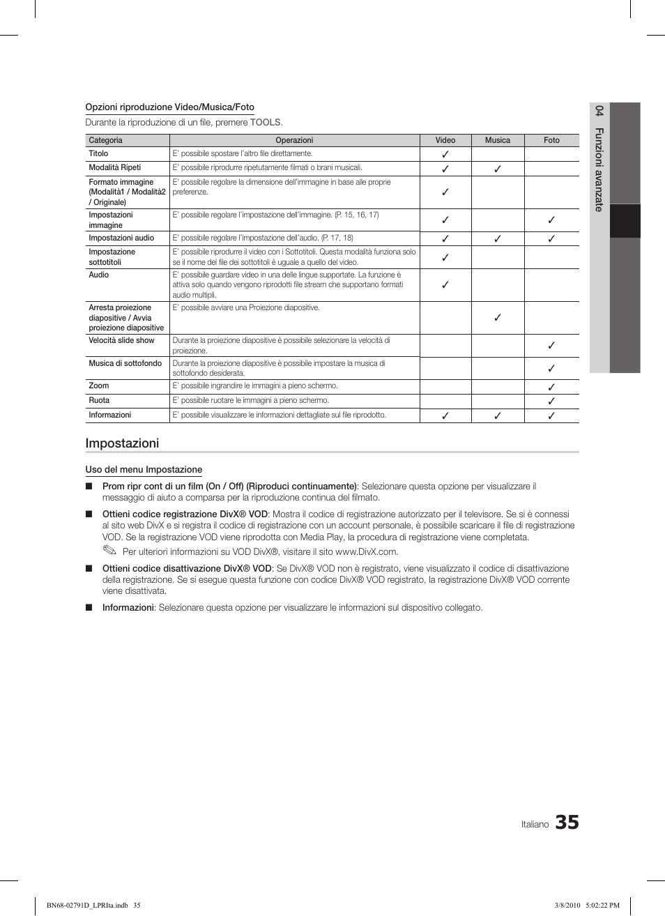 Impostazioni | Samsung LE46C579J1S User Manual | Page 182 / 198