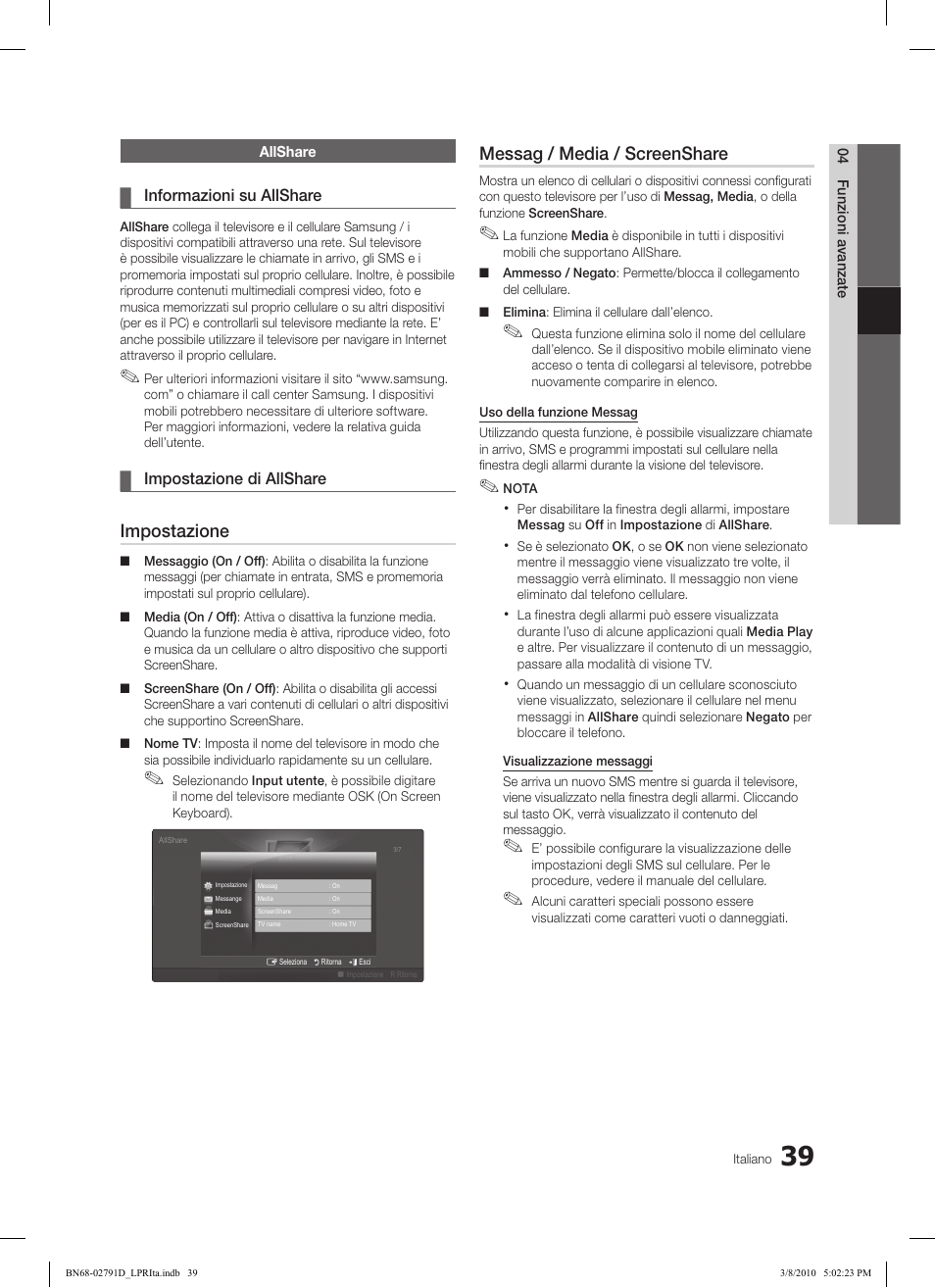 Impostazione, Messag / media / screenshare | Samsung LE46C579J1S User Manual | Page 186 / 198