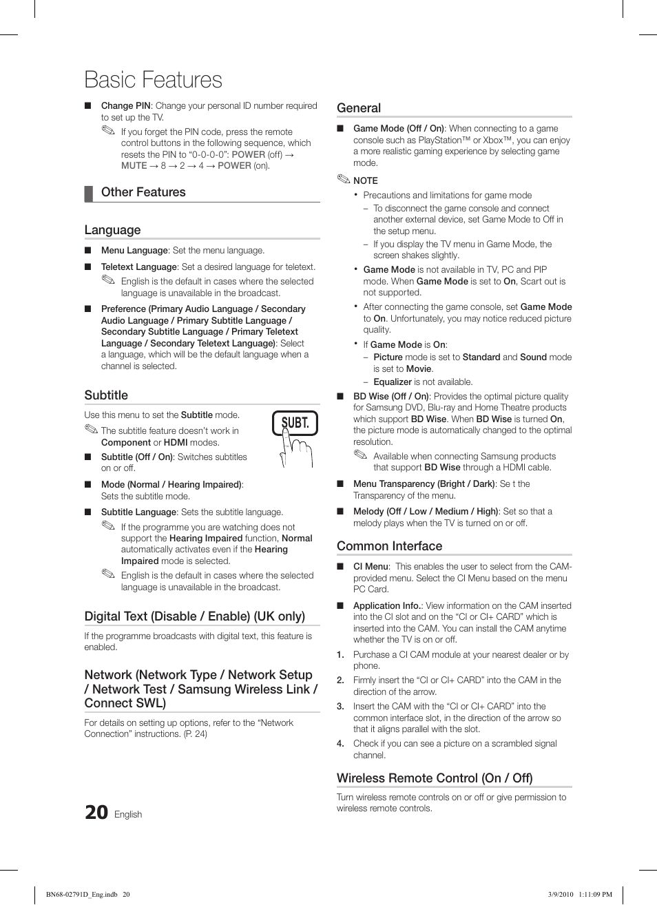 Basic features, Subt. dual i-ii p.mode s.mode source, Hdmi | Ch list | Samsung LE46C579J1S User Manual | Page 20 / 198