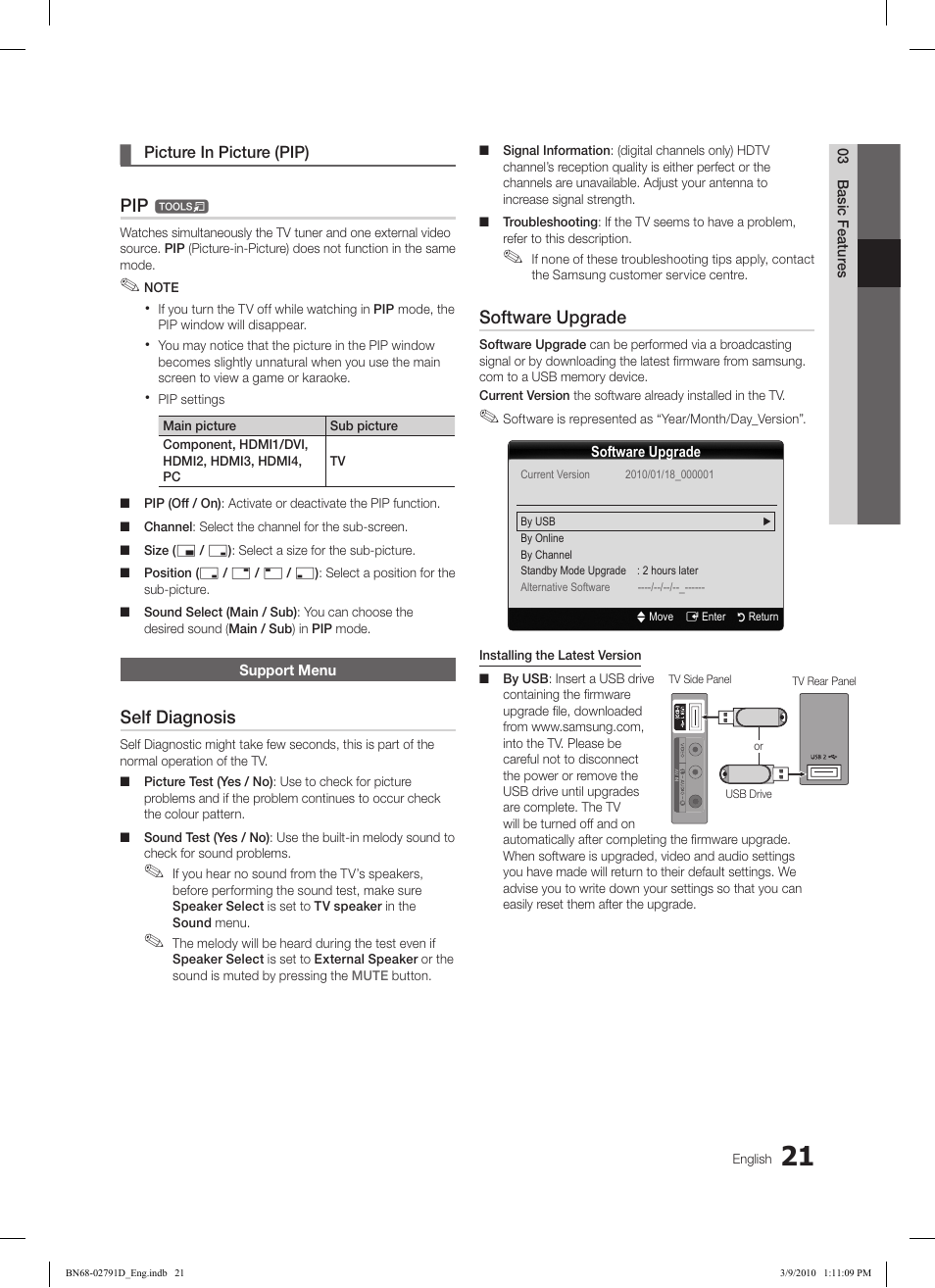 Self diagnosis, Software upgrade | Samsung LE46C579J1S User Manual | Page 21 / 198