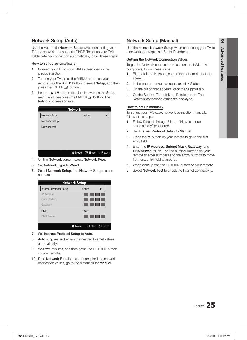 Network setup (auto), Network setup (manual) | Samsung LE46C579J1S User Manual | Page 25 / 198