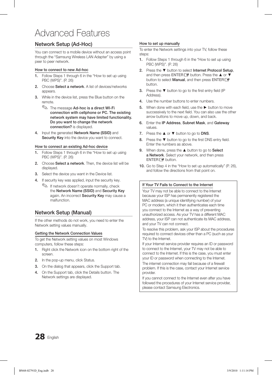 Advanced features, Network setup (ad-hoc), Network setup (manual) | Samsung LE46C579J1S User Manual | Page 28 / 198