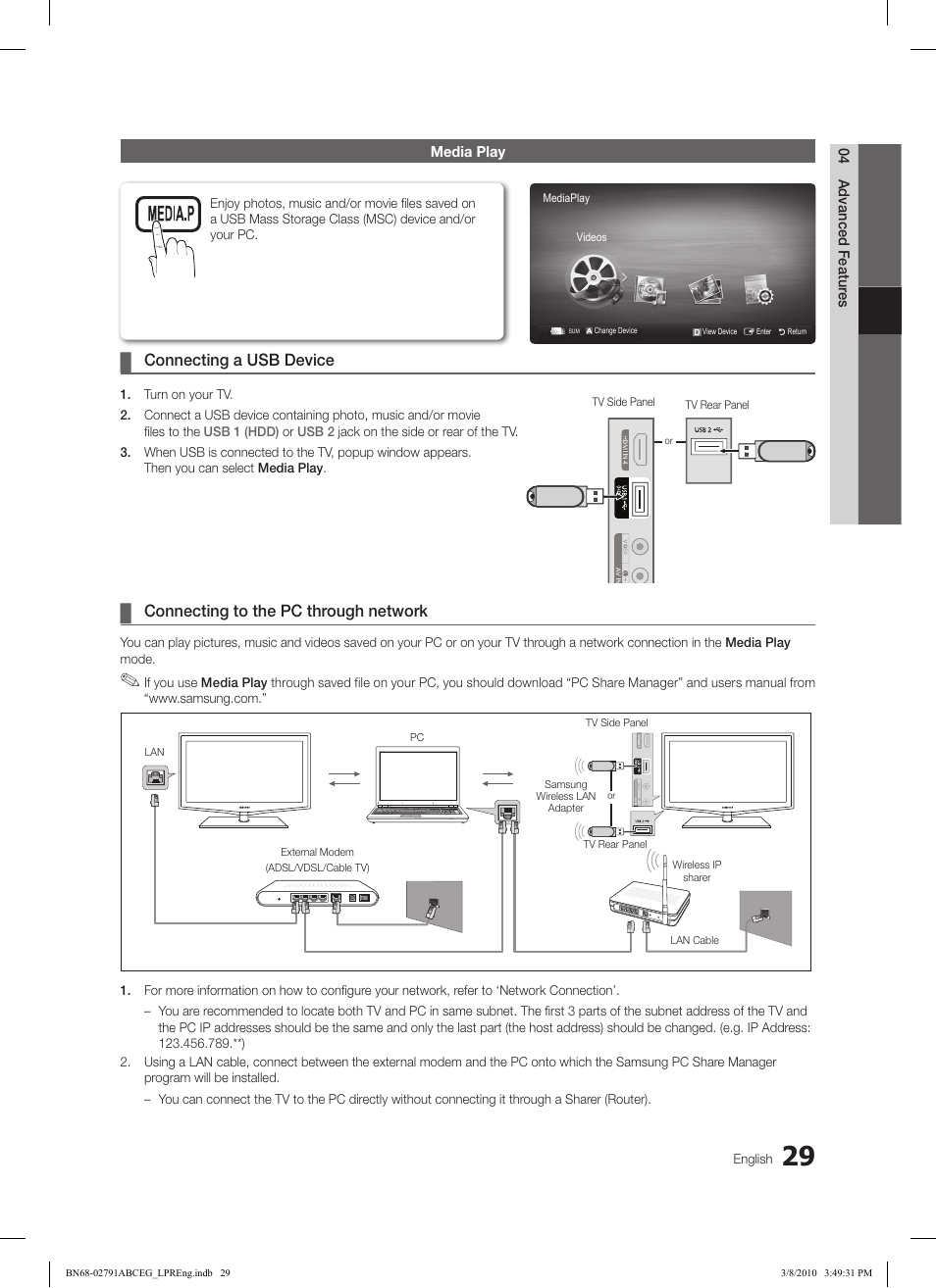 Connecting a ¦ usb device, Connecting to the pc through network | Samsung LE46C579J1S User Manual | Page 29 / 198