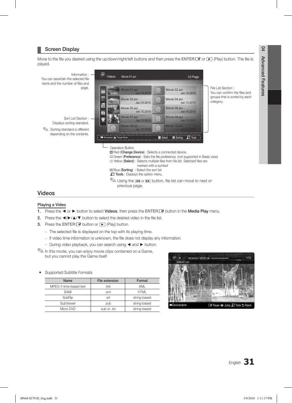 Videos, Screen display, 04 advanced featur es | Samsung LE46C579J1S User Manual | Page 31 / 198