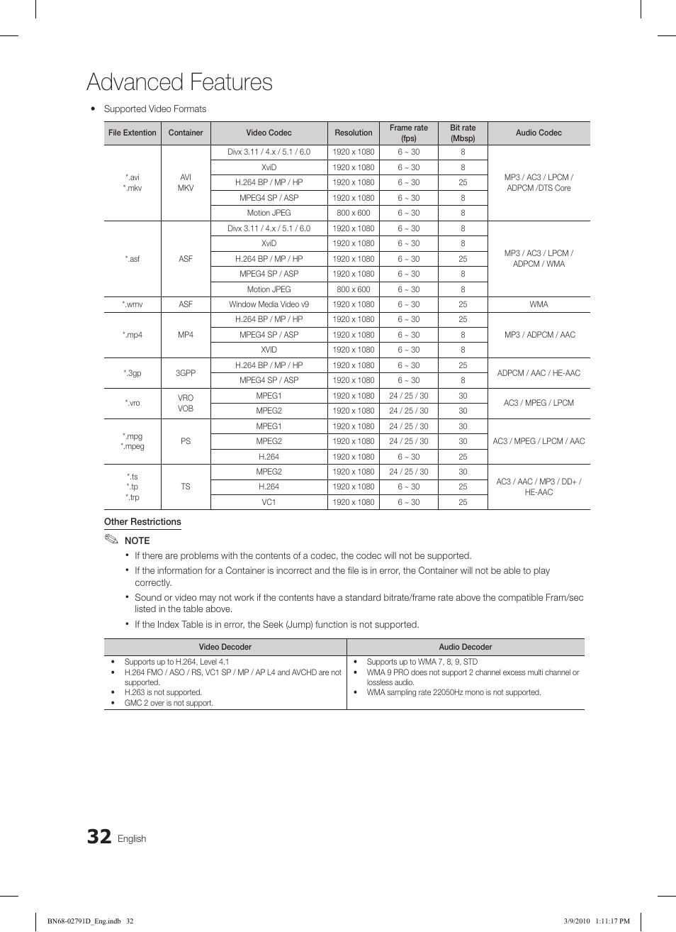 Advanced features | Samsung LE46C579J1S User Manual | Page 32 / 198