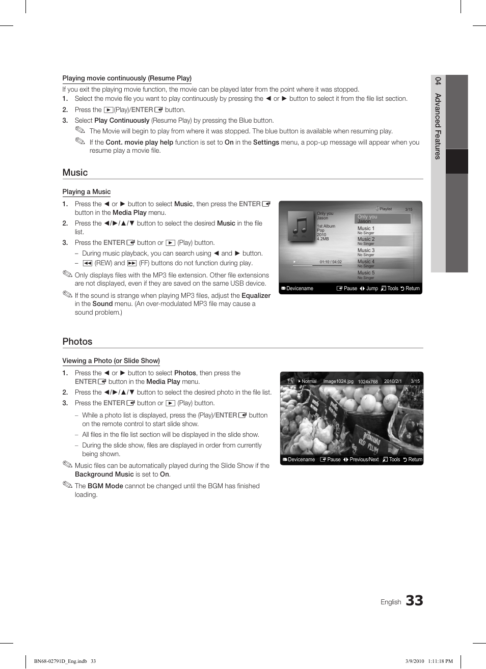 Music, Photos | Samsung LE46C579J1S User Manual | Page 33 / 198