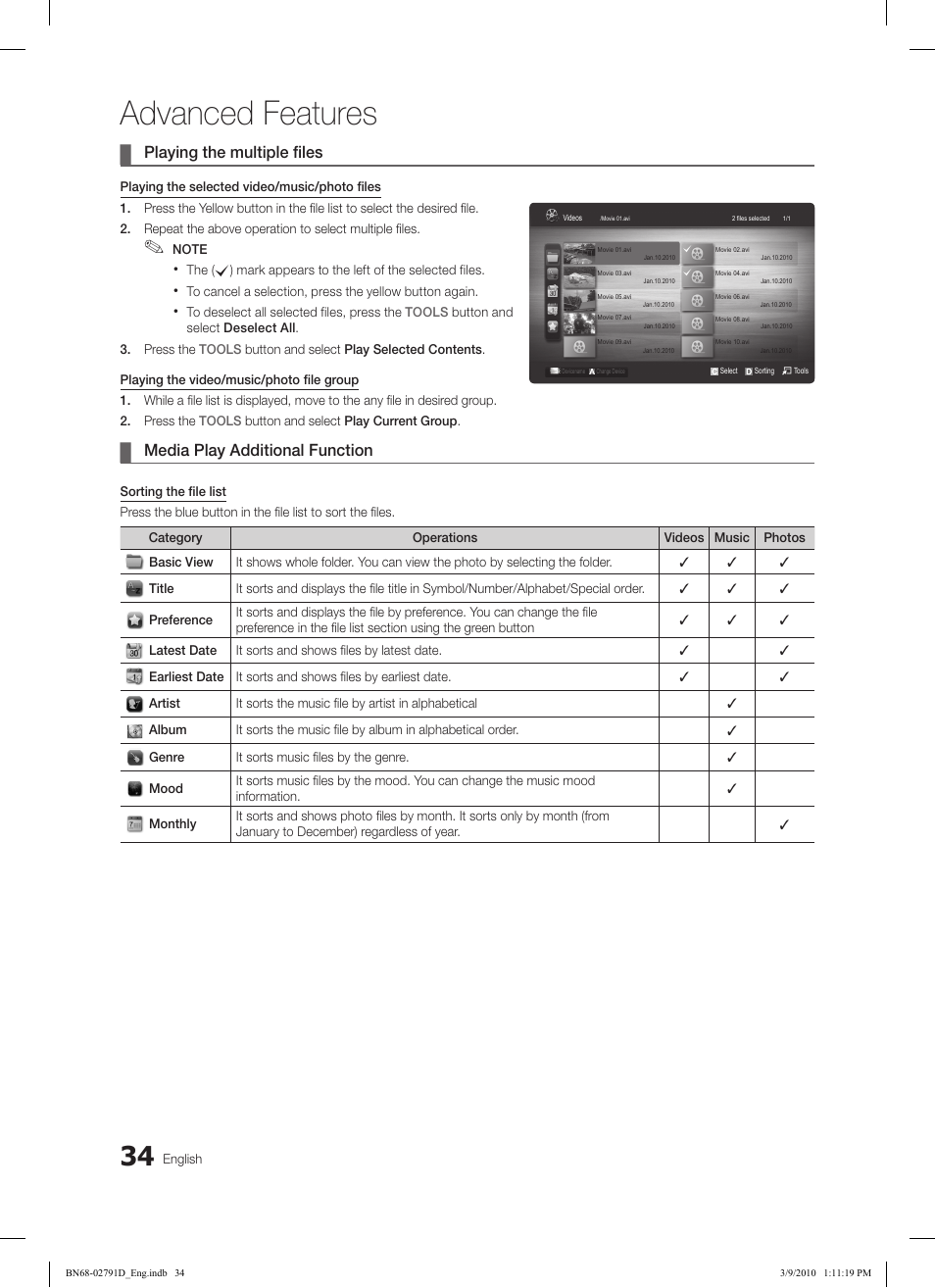 Advanced features, Playing the multiple files, Media play additional function | Samsung LE46C579J1S User Manual | Page 34 / 198