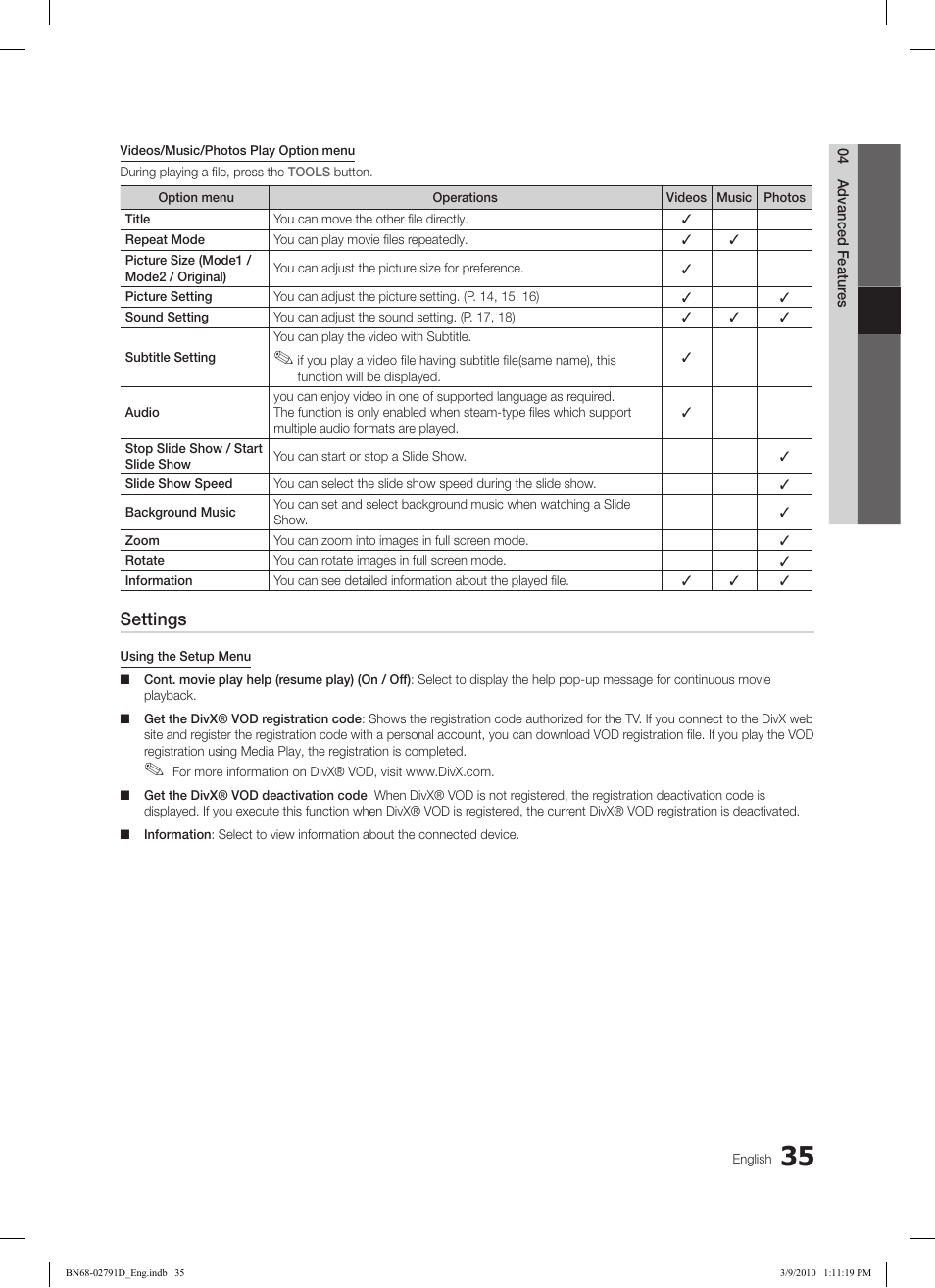 Settings | Samsung LE46C579J1S User Manual | Page 35 / 198