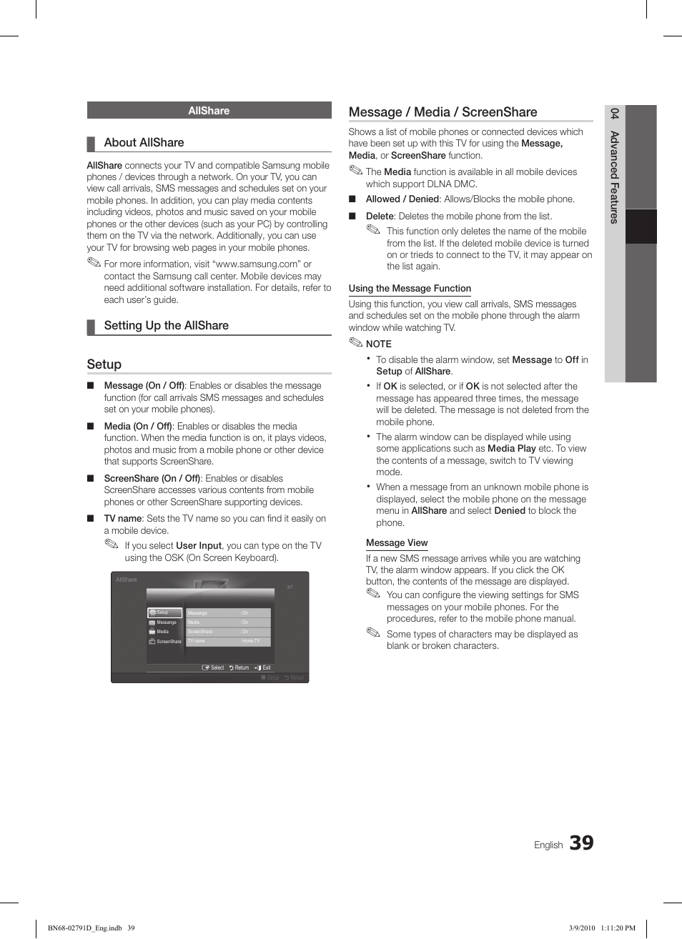 Setup, Message / media / screenshare | Samsung LE46C579J1S User Manual | Page 39 / 198