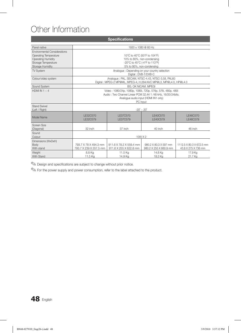 Other information | Samsung LE46C579J1S User Manual | Page 48 / 198