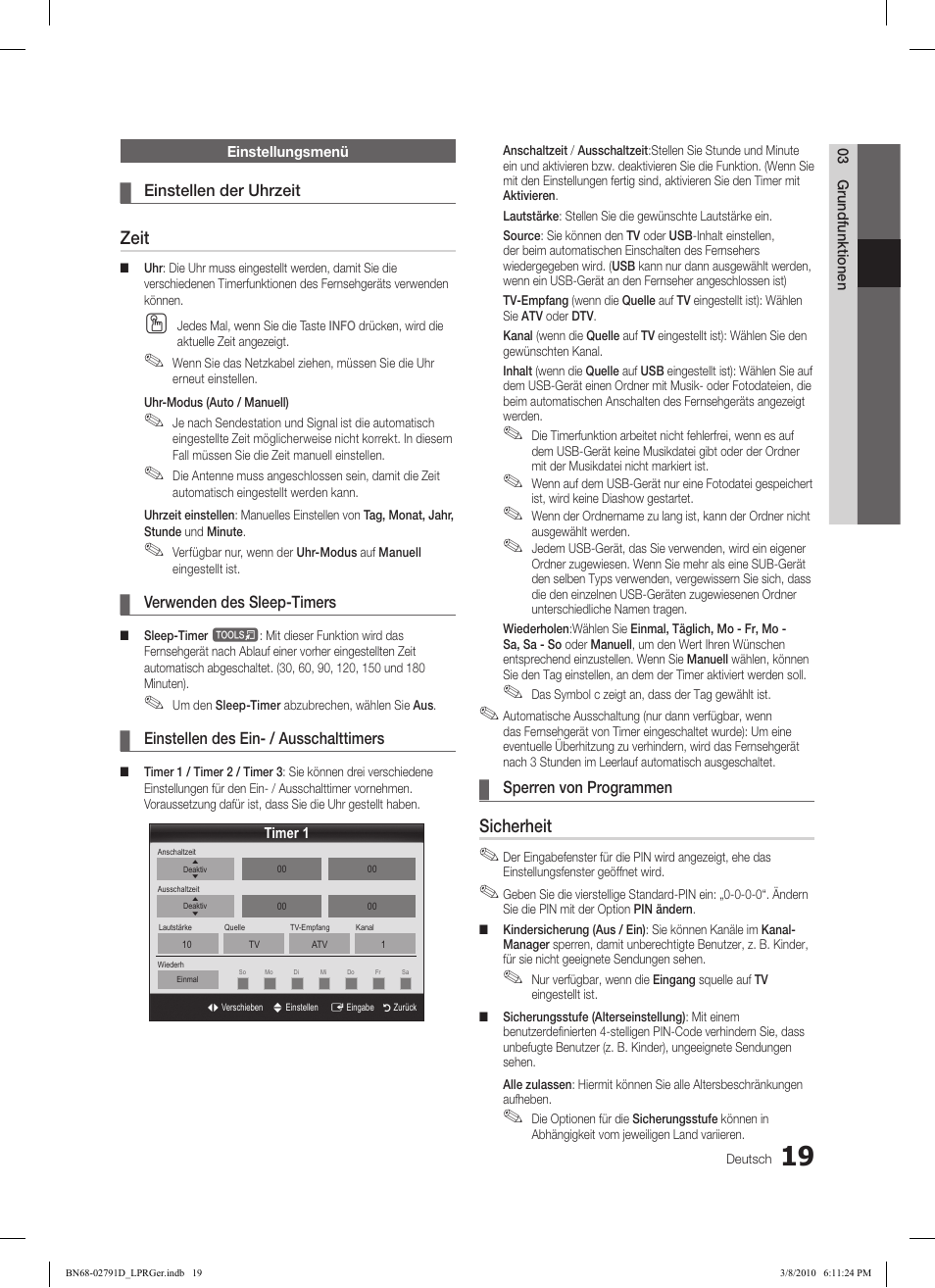 Zeit, Sicherheit | Samsung LE46C579J1S User Manual | Page 68 / 198