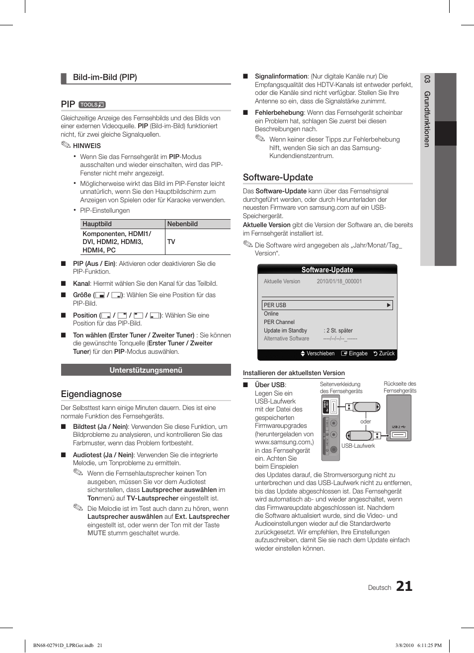 Eigendiagnose, Software-update | Samsung LE46C579J1S User Manual | Page 70 / 198