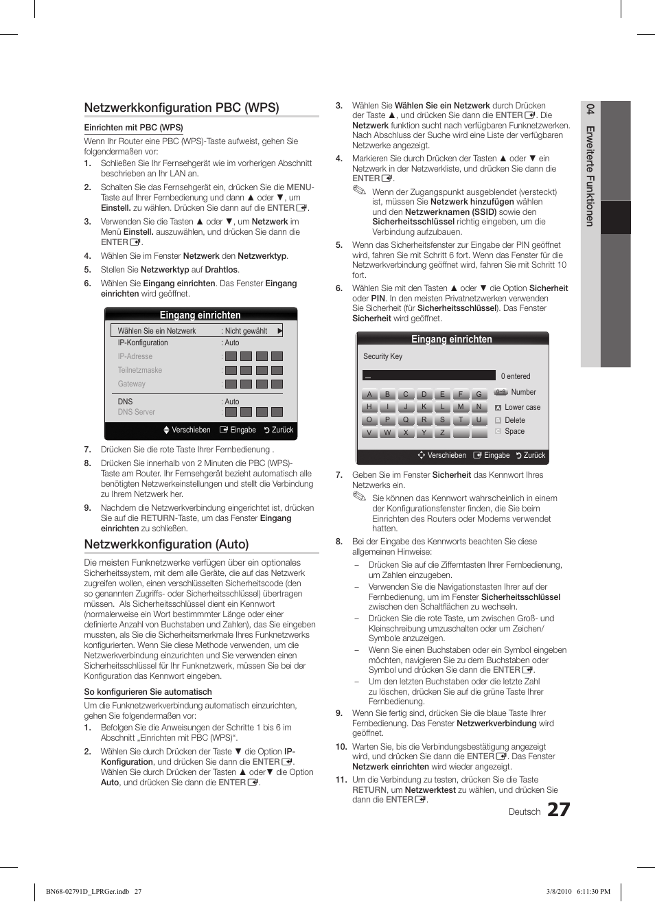 Netzwerkkonfiguration pbc (wps), Netzwerkkonfiguration (auto) | Samsung LE46C579J1S User Manual | Page 76 / 198