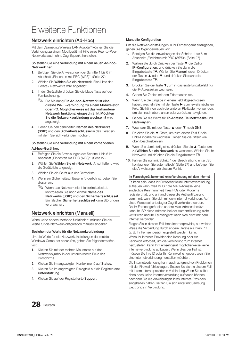 Erweiterte funktionen, Netzwerk einrichten (ad-hoc), Netzwerk einrichten (manuell) | Samsung LE46C579J1S User Manual | Page 77 / 198