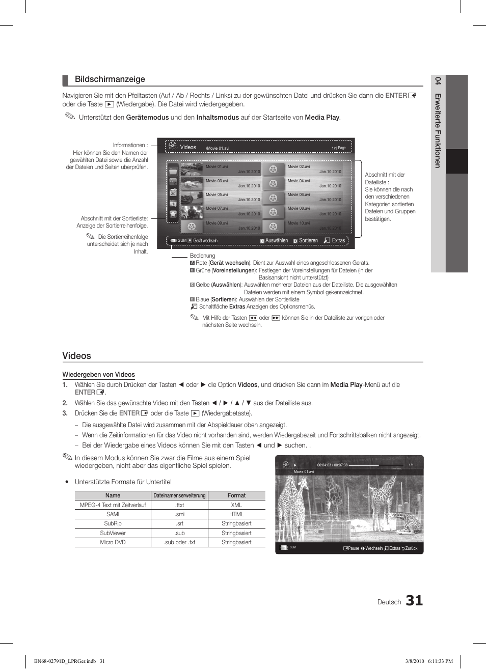 Videos, Bildschirmanzeige, 04 erweiterte funktionen | Samsung LE46C579J1S User Manual | Page 80 / 198