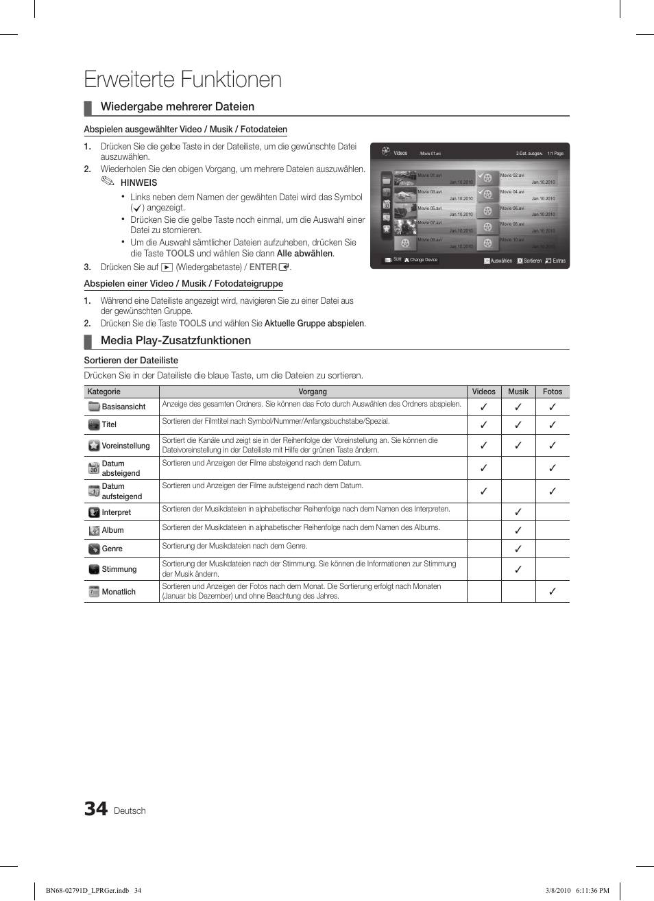 Erweiterte funktionen, Wiedergabe mehrerer dateien, Media play-zusatzfunktionen | Samsung LE46C579J1S User Manual | Page 83 / 198