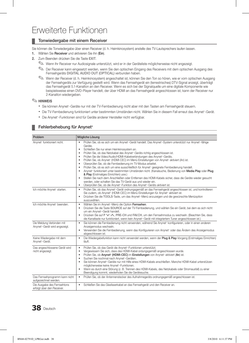 Erweiterte funktionen, Tonwiedergabe mit einem receiver, Fehlerbehebung für anynet | Samsung LE46C579J1S User Manual | Page 87 / 198