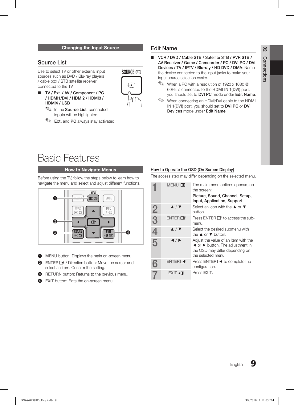 Basic features, Subt. dual i-ii p.mode s.mode source, Hdmi | Samsung LE46C579J1S User Manual | Page 9 / 198