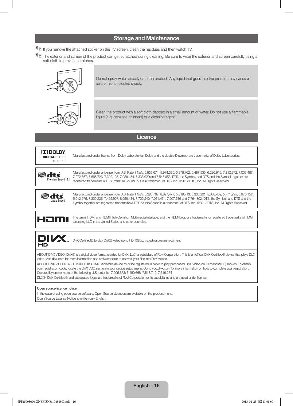 Storage and maintenance, Licence | Samsung PS51F5000AW User Manual | Page 16 / 73