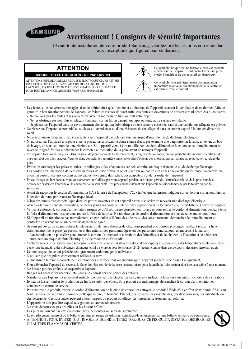 Avertissement ! consignes de sécurité importantes, Attention | Samsung PS51F5000AW User Manual | Page 20 / 73