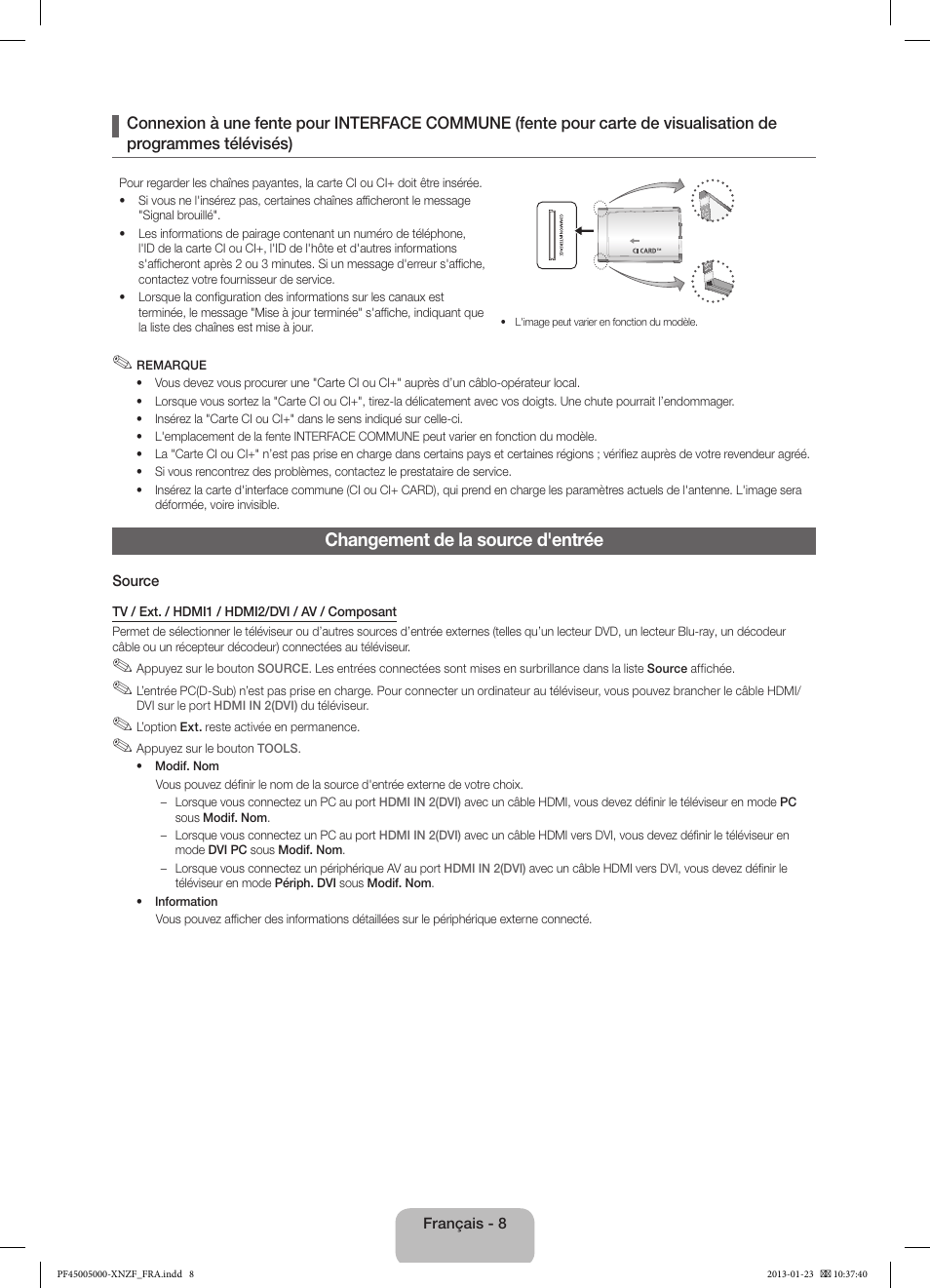 Changement de la source d'entrée | Samsung PS51F5000AW User Manual | Page 26 / 73