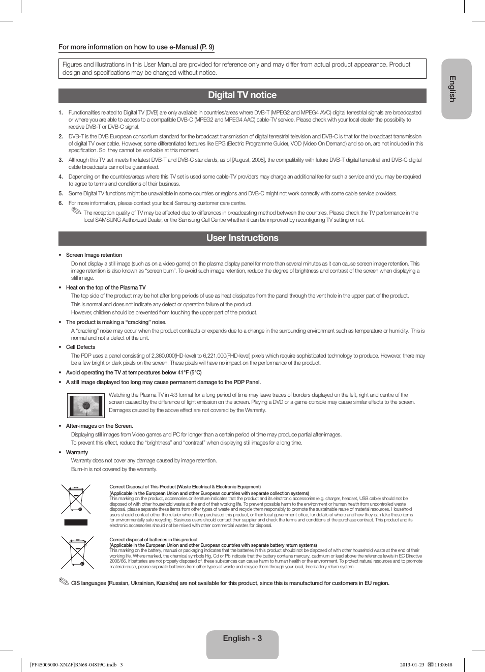 Digital tv notice, User instructions | Samsung PS51F5000AW User Manual | Page 3 / 73