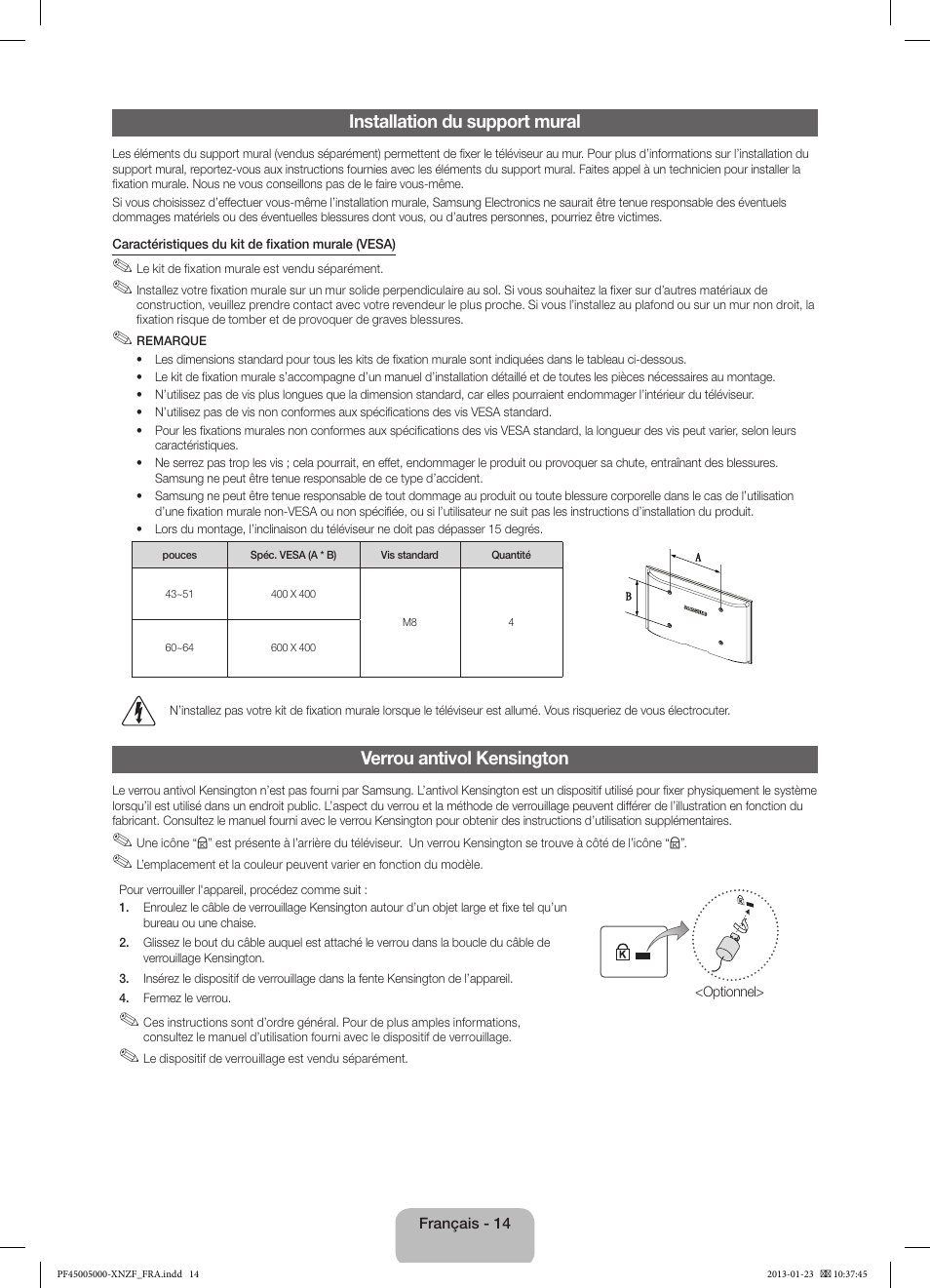 Installation du support mural, Verrou antivol kensington | Samsung PS51F5000AW User Manual | Page 32 / 73